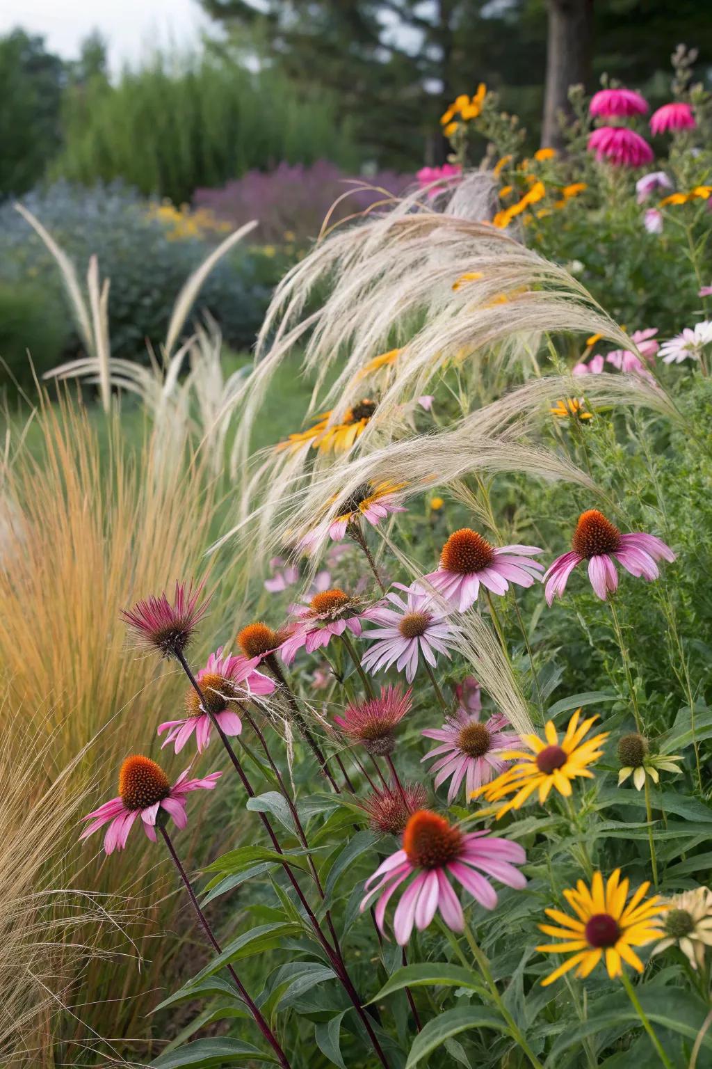 Coneflowers add charm to Mexican feather grass gardens.