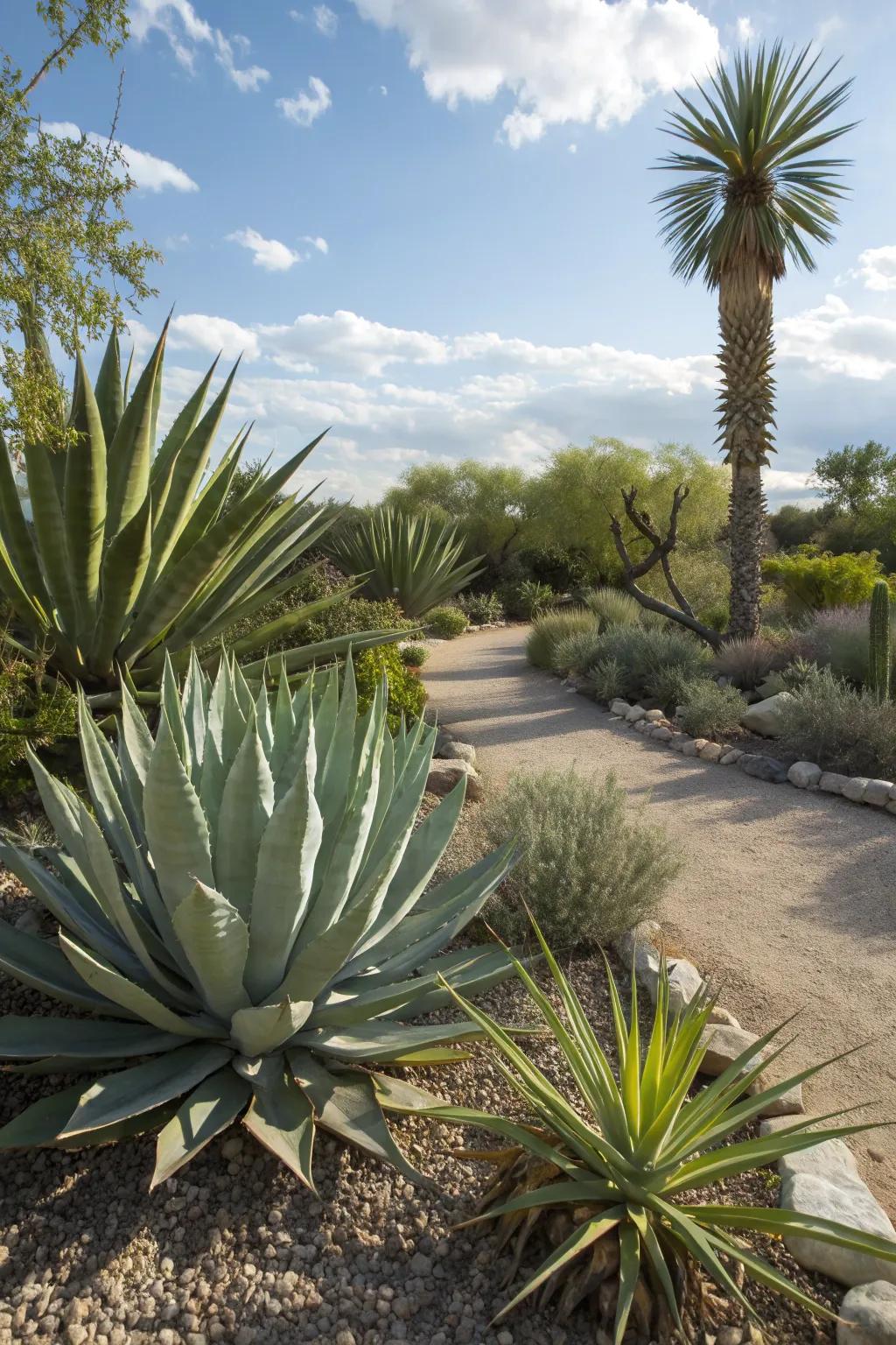 Agave and yucca plants adding a tropical feel to the garden.