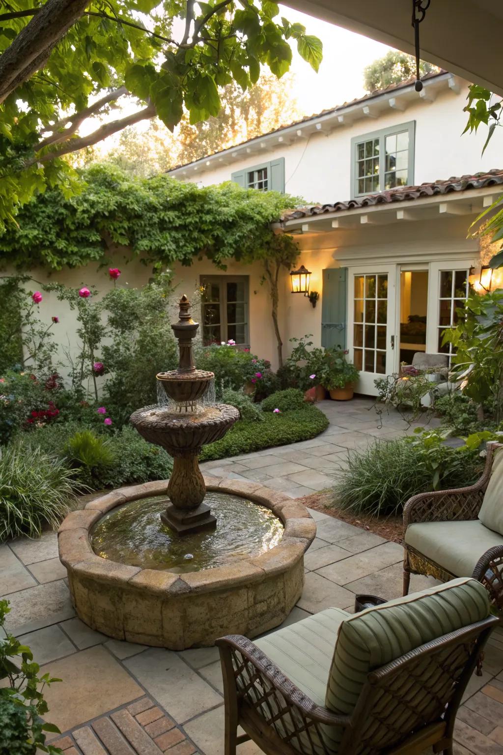 A tranquil fountain brings a soothing ambiance to the patio.
