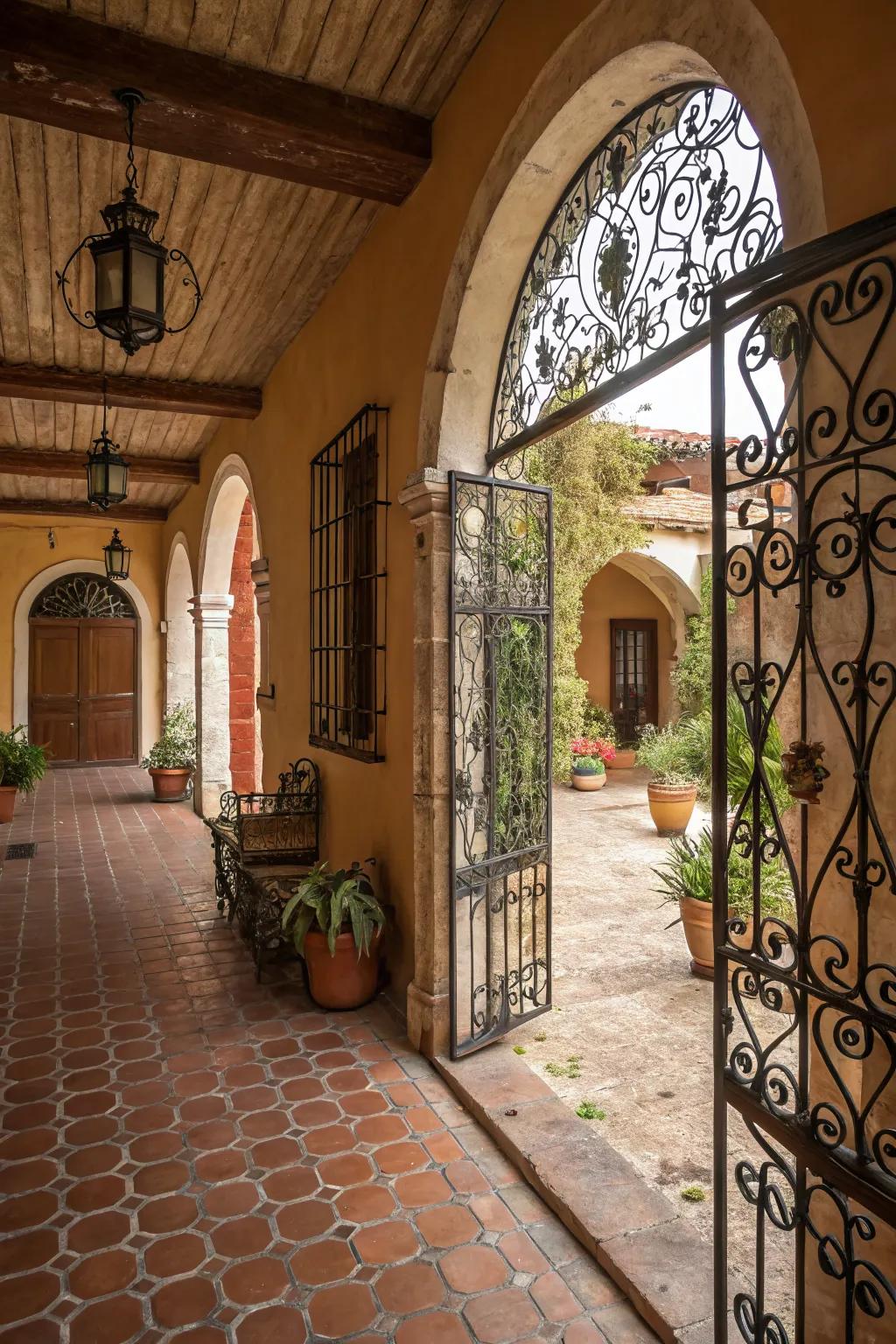A Mexican patio with arched doorways and wrought iron details, adding elegance.