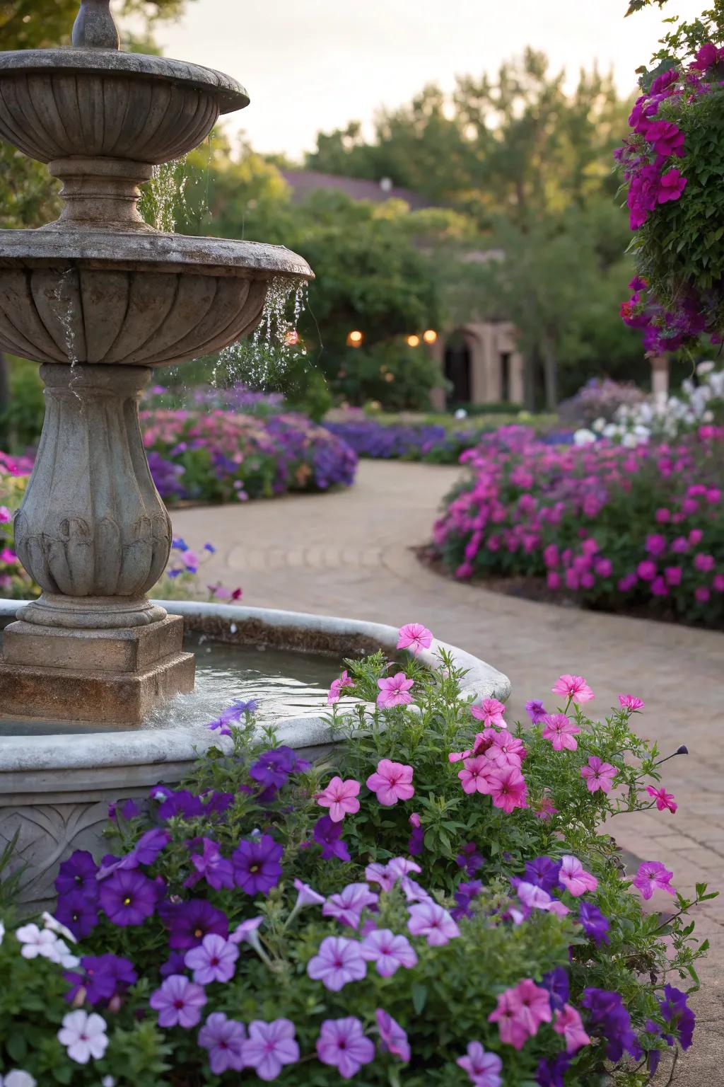 Mexican petunias highlight a garden fountain beautifully.