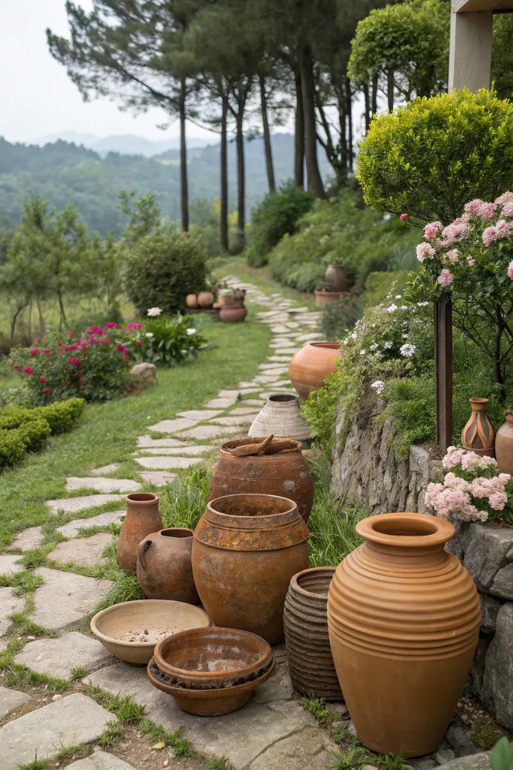 Clay and ceramic decor add handcrafted charm to the backyard.