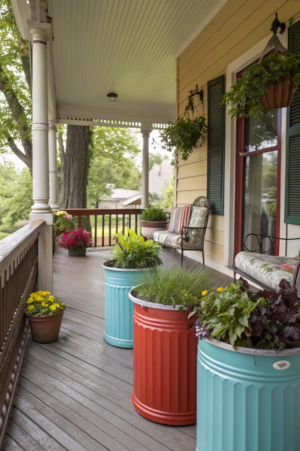 Trash can planters offer a modern, crisp look to any porch.