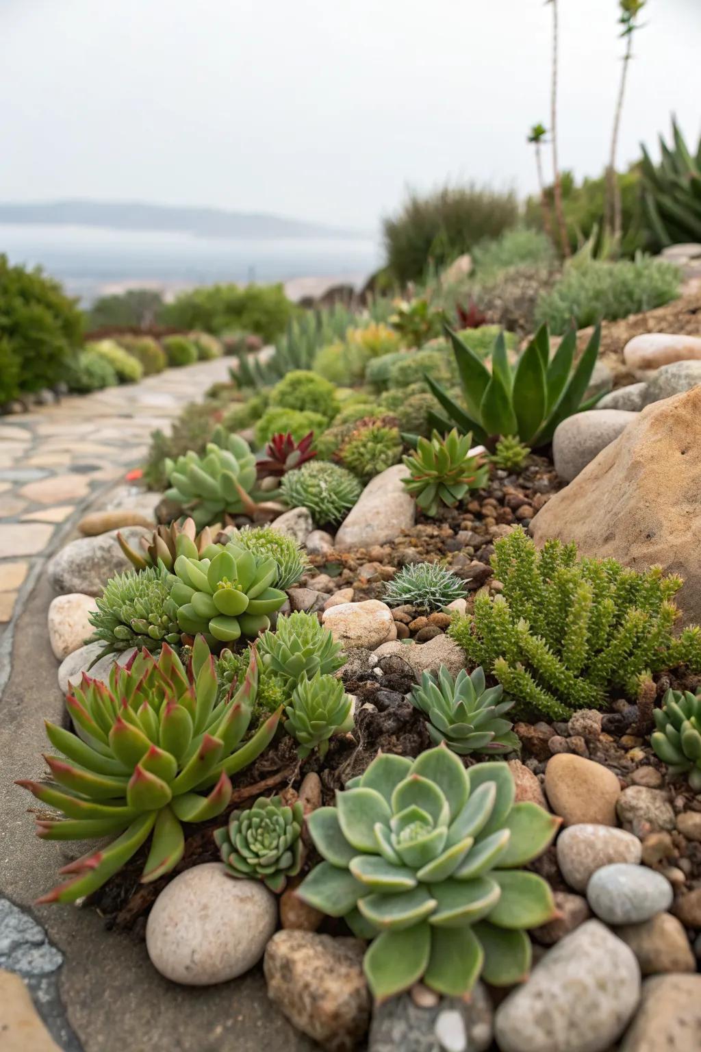 A rock garden offers texture and low-maintenance beauty.