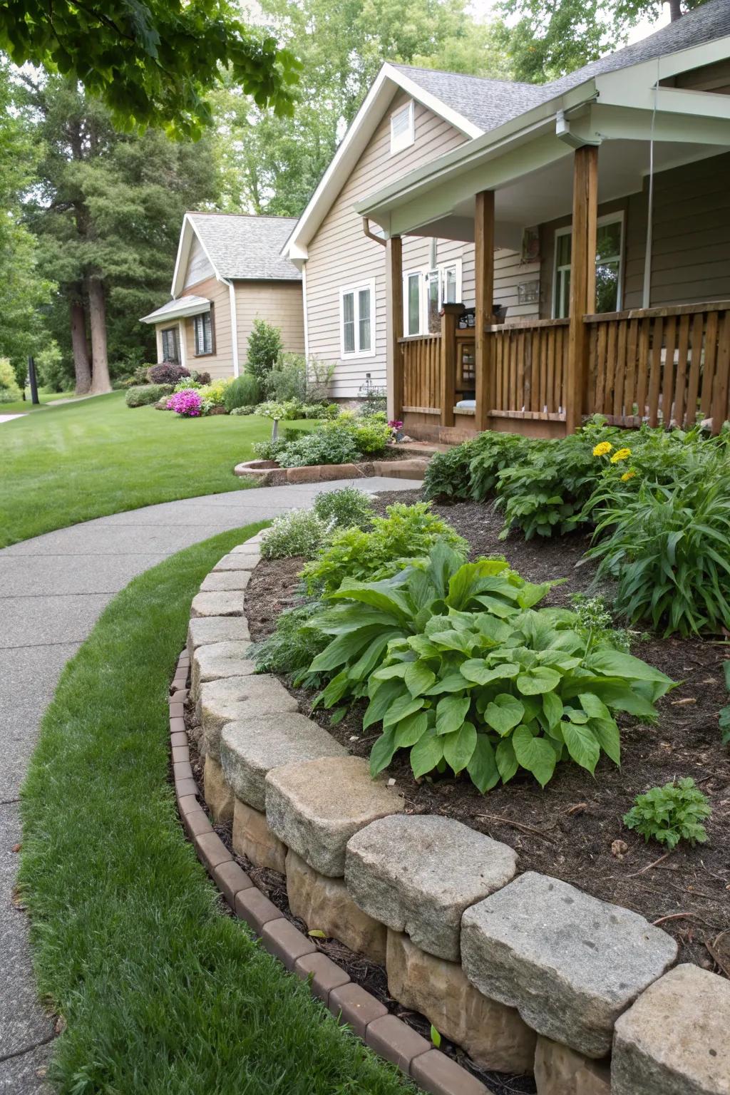 Curved edging adds elegance and flow to this Midwest front yard.