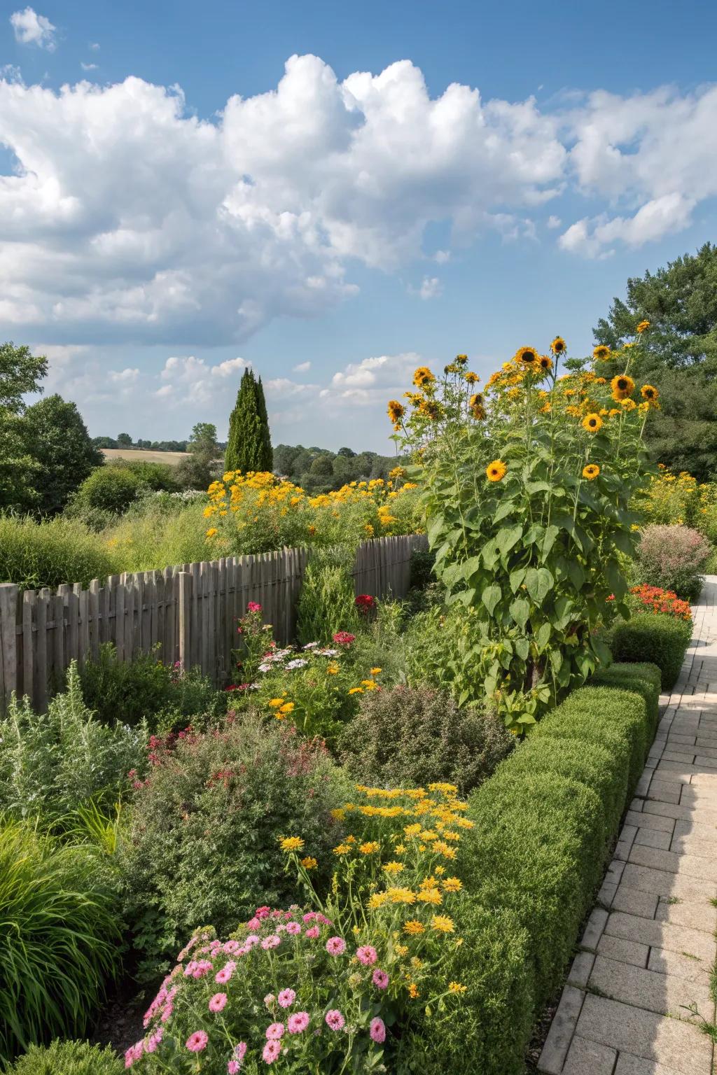 Layered plant heights add dynamic interest.