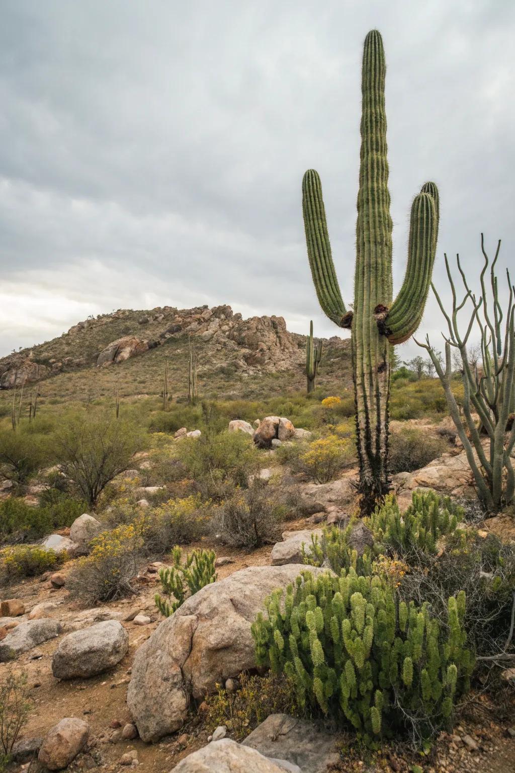 A dramatic solitary cactus serving as a garden centerpiece.