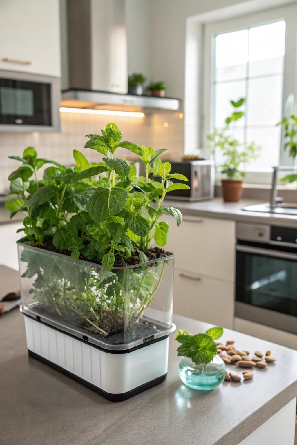 A sleek hydroponic setup for growing mint indoors.