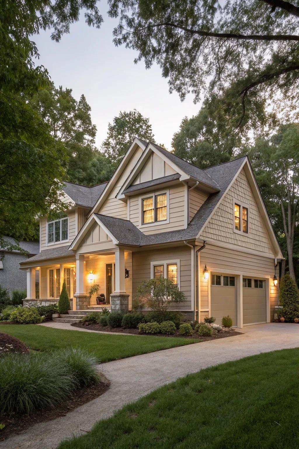 Natural neutral siding colors creating a calming and serene home exterior.