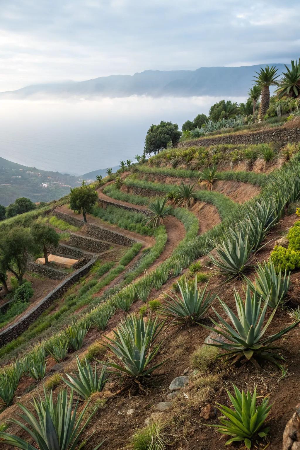 Terraced gardens with agave create a dynamic effect.