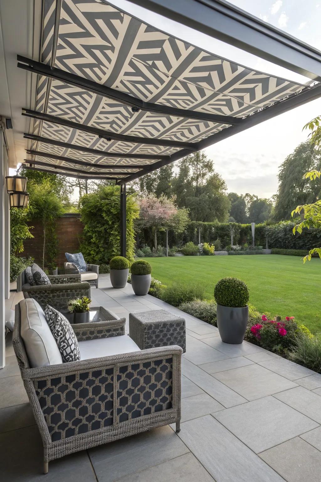 Geometric awnings add a modern twist with their striking designs.