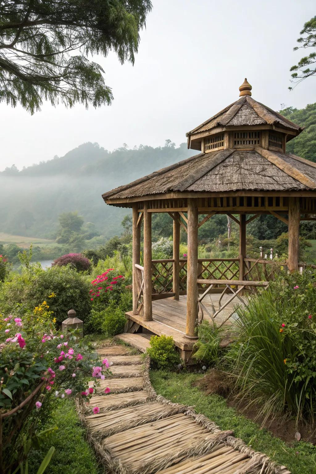 Nature-inspired gazebo seamlessly blends with the landscape.