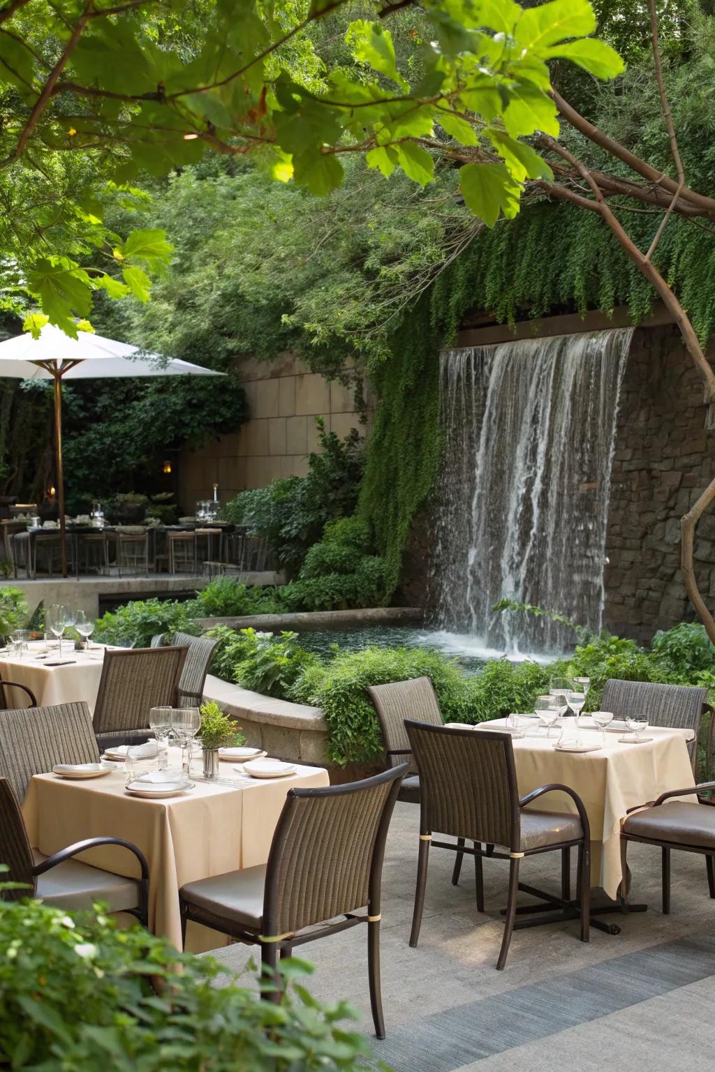 A waterfall backdrop creates a serene dining experience.