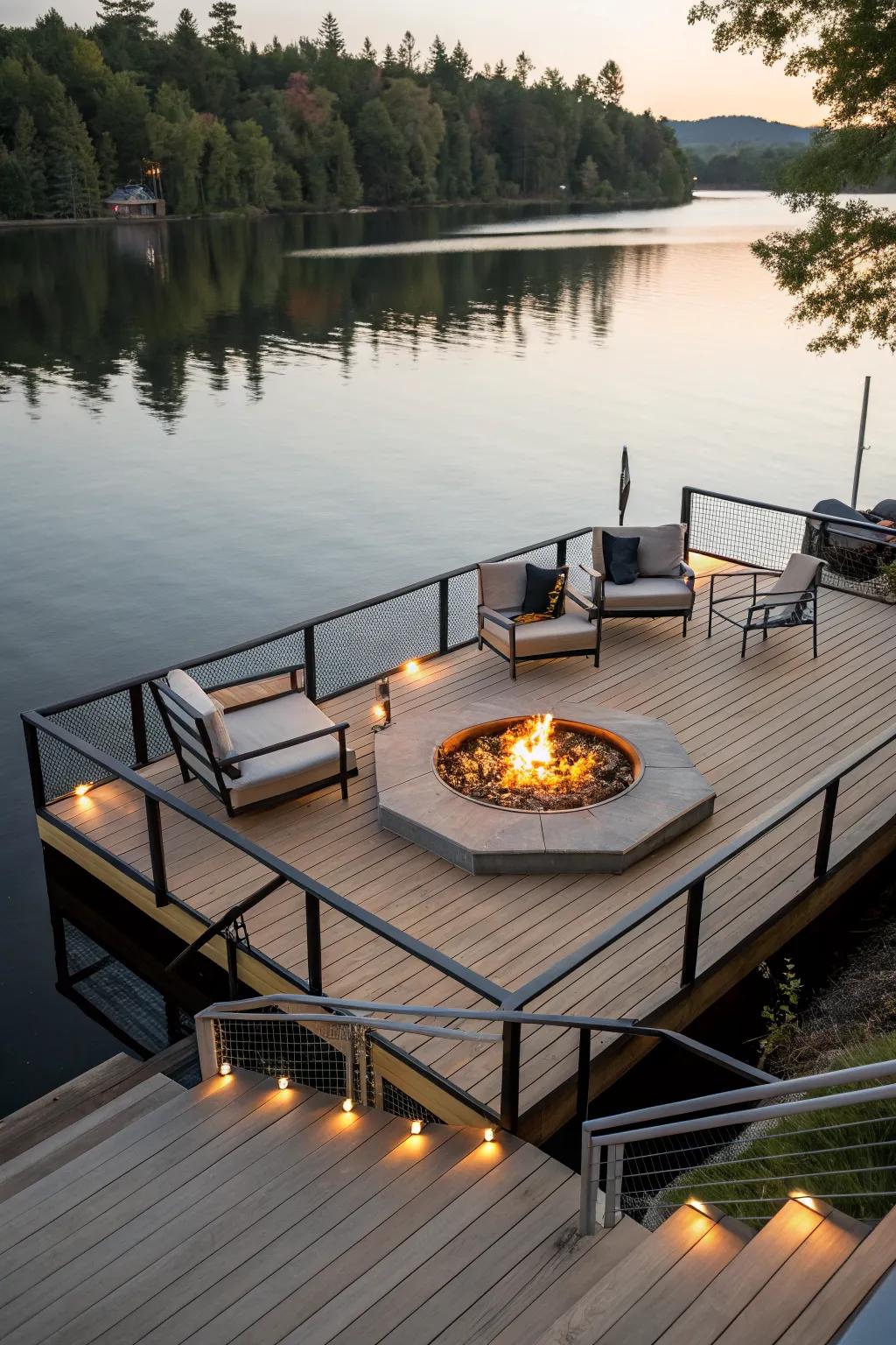 Dockside fire pits create a cozy atmosphere for gatherings by the water.