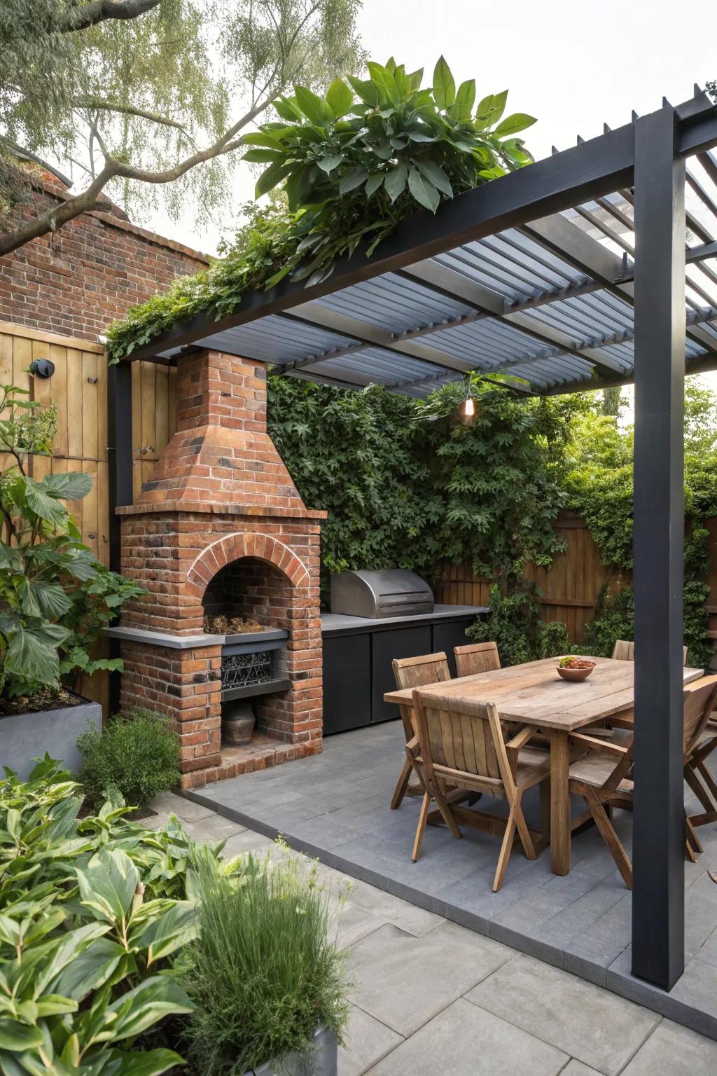 A beautiful pergola-covered BBQ area for elegant outdoor entertaining.