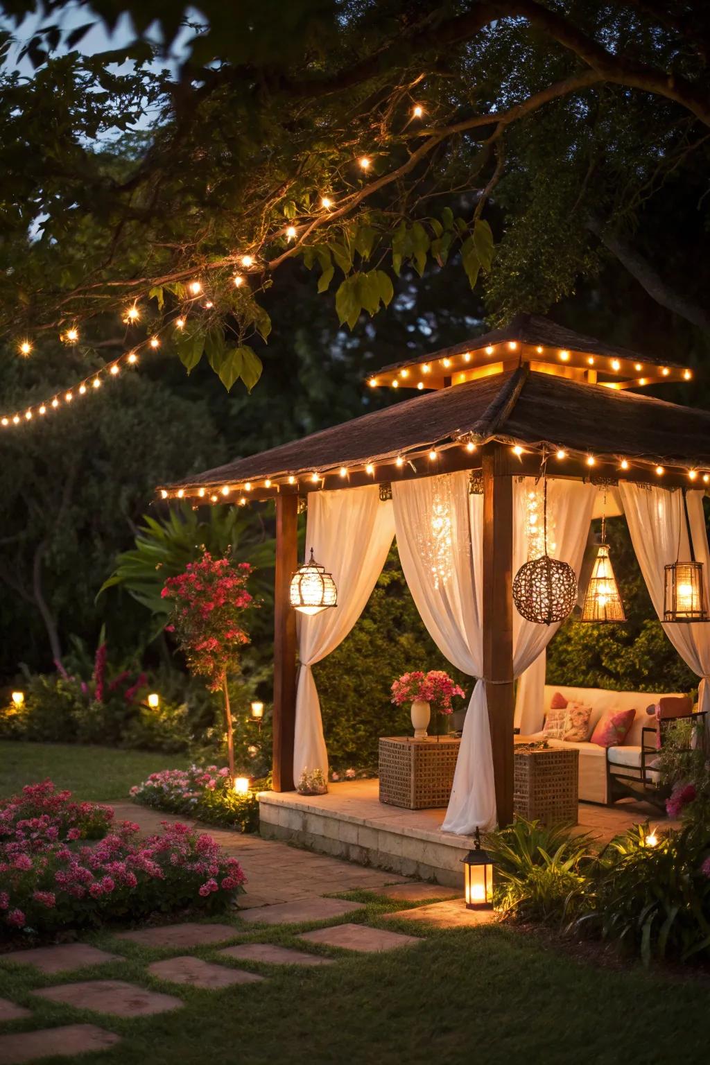 A cabana glowing with ambient evening lighting.