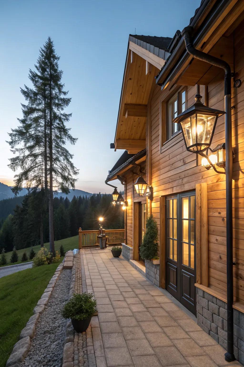Modern lighting enhances the chalet's exterior appeal.