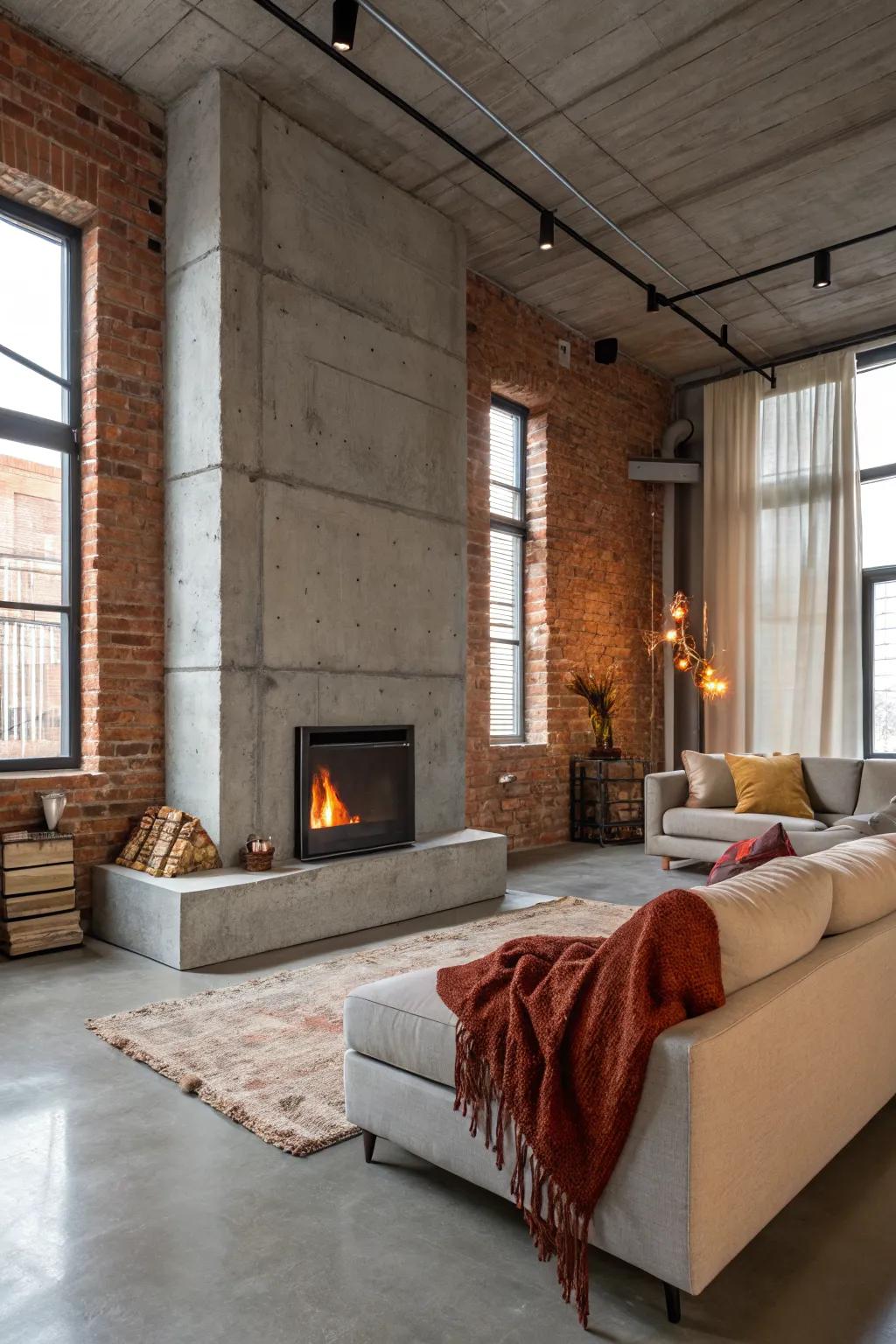 Industrial chic with a concrete fireplace in a modern living room.