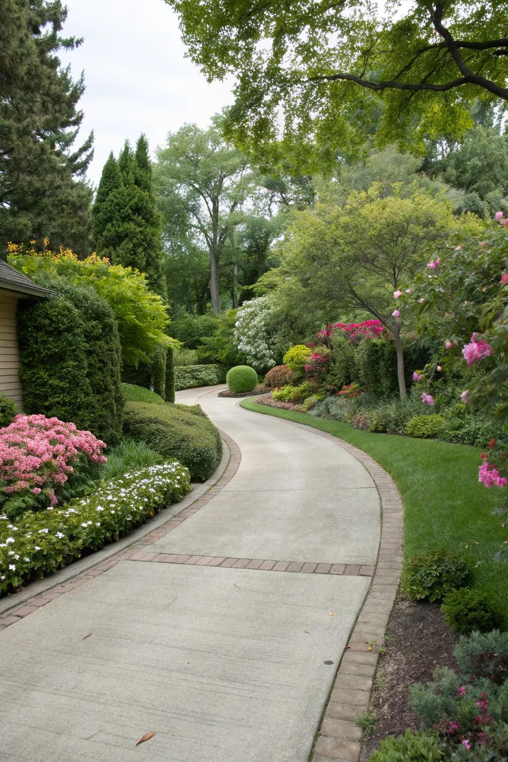 A driveway harmoniously blending with surrounding greenery.
