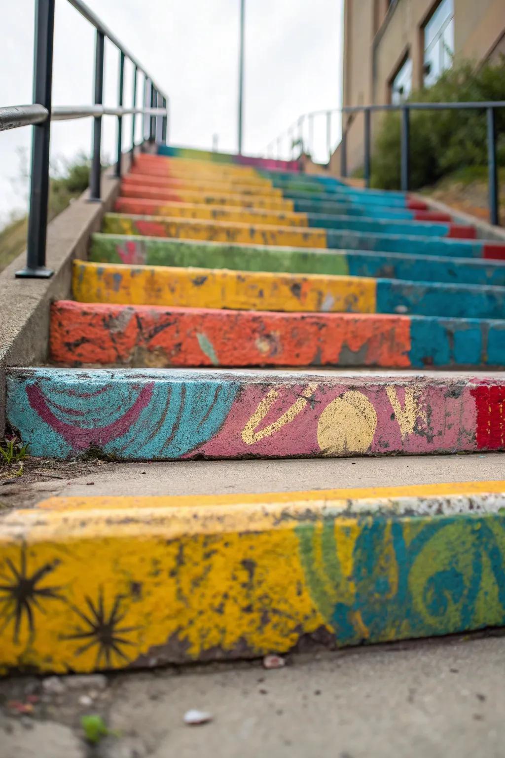 Vibrant concrete steps with artistic color stains.