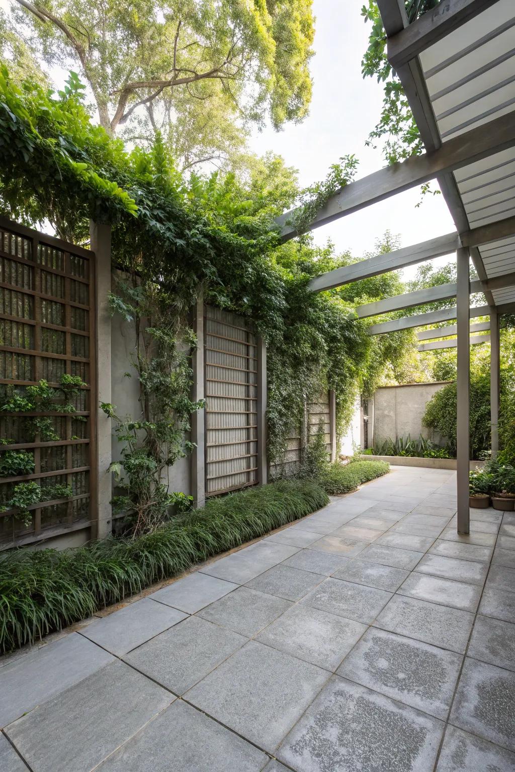 Privacy features create cozy and secluded patio areas.