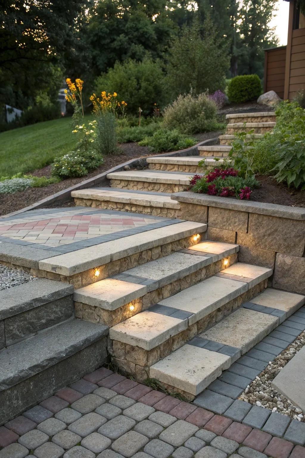 Concrete steps with a creative mix of paver materials.