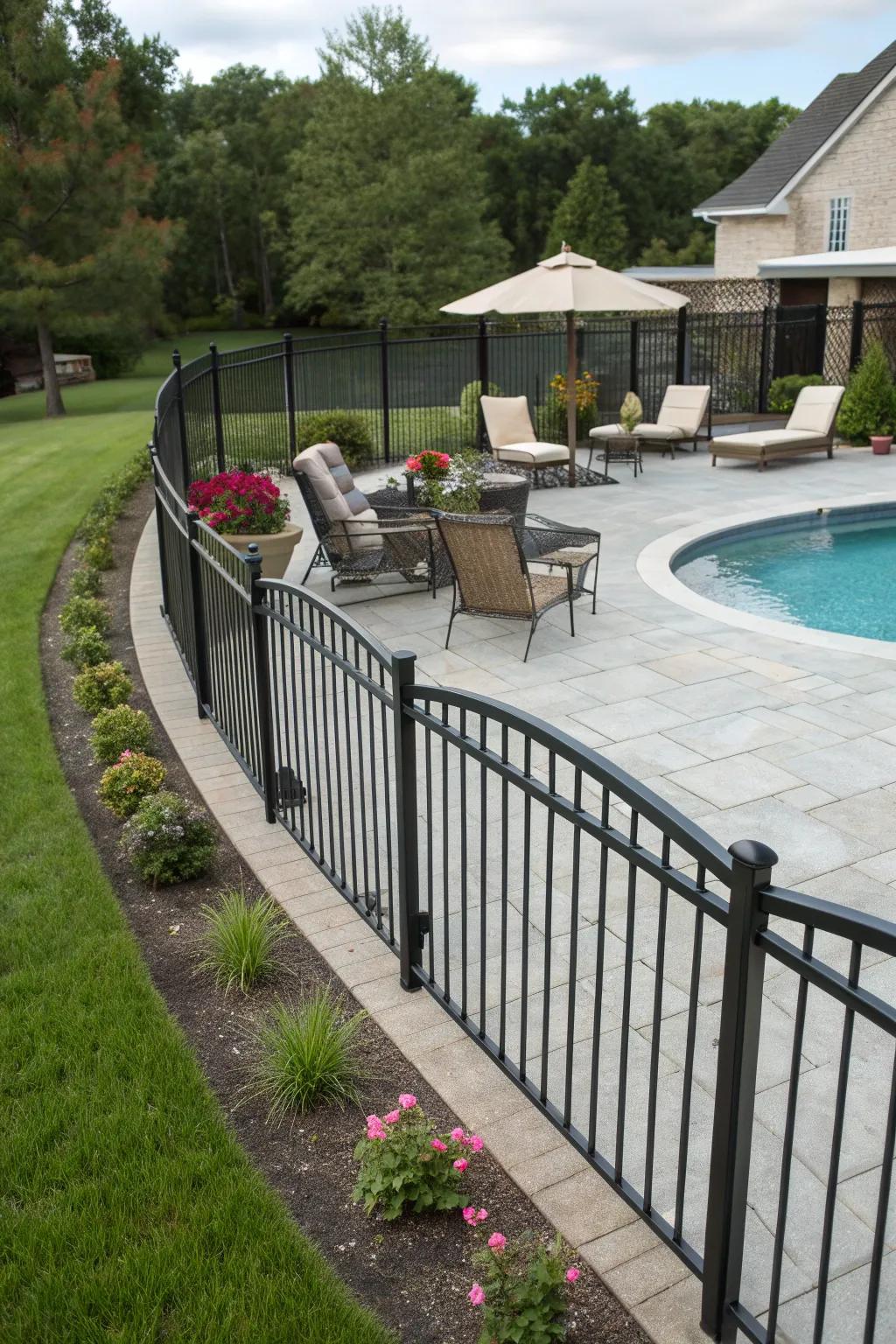 A functional curved fence dividing a patio and pool area, maintaining flow in a modern backyard.