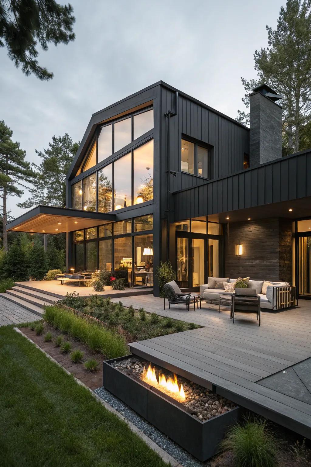 A dark house exterior with an inviting outdoor patio area.