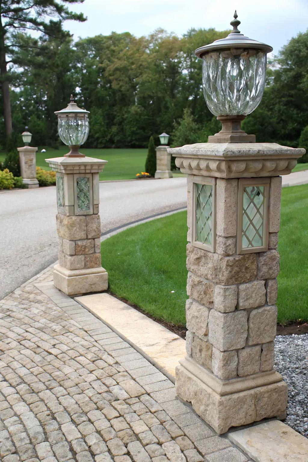 Glass accents add sophistication to stone pillars.