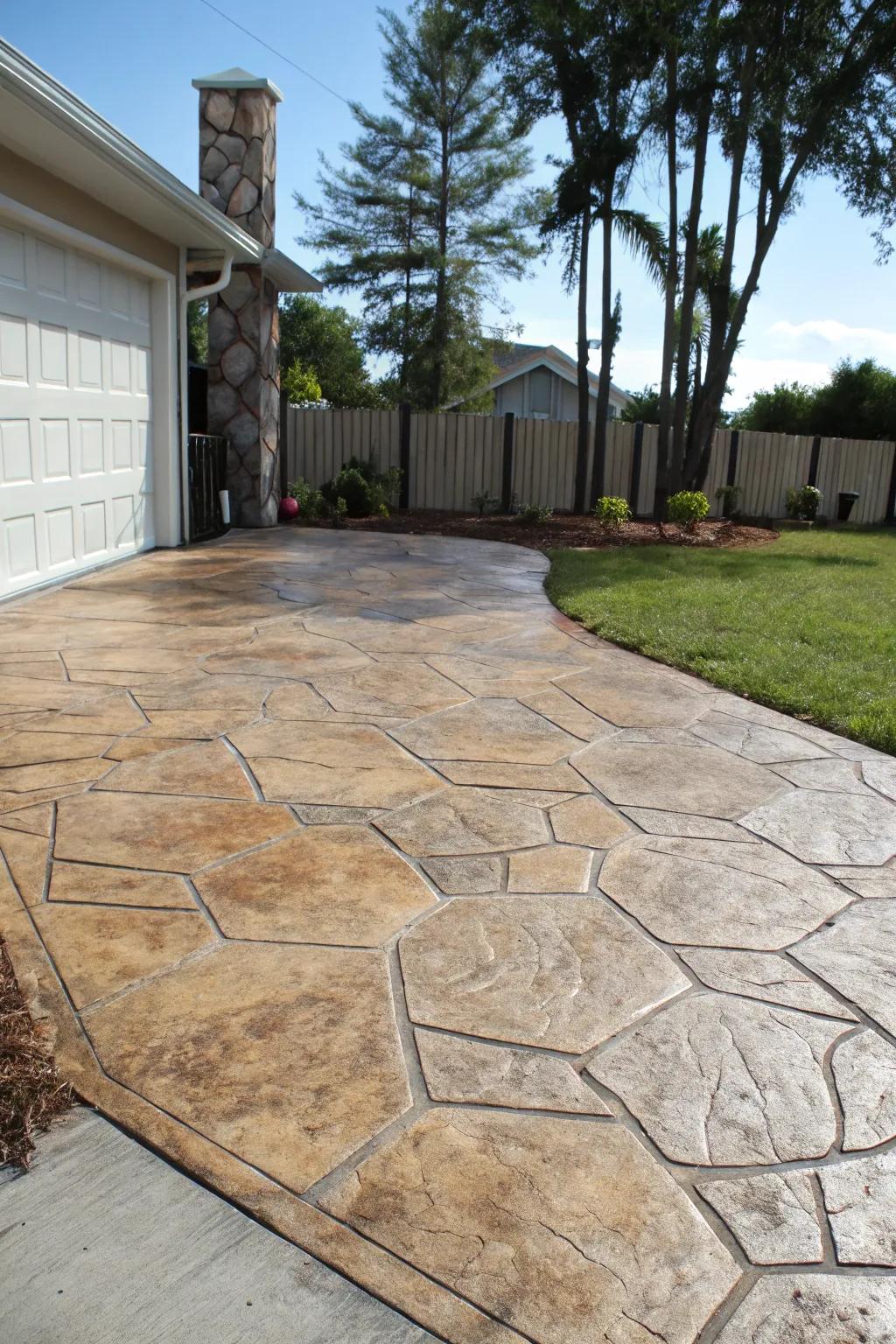 A driveway using stamped concrete to mimic natural stone.
