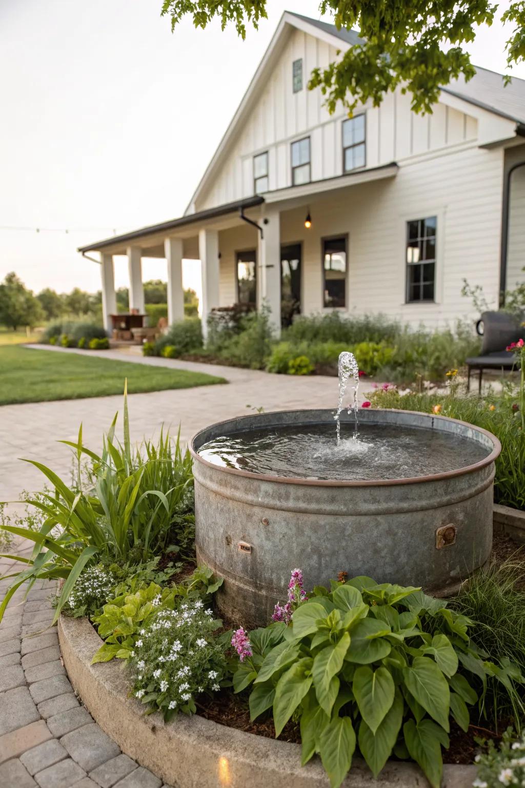 A rustic water feature offers tranquility and charm.