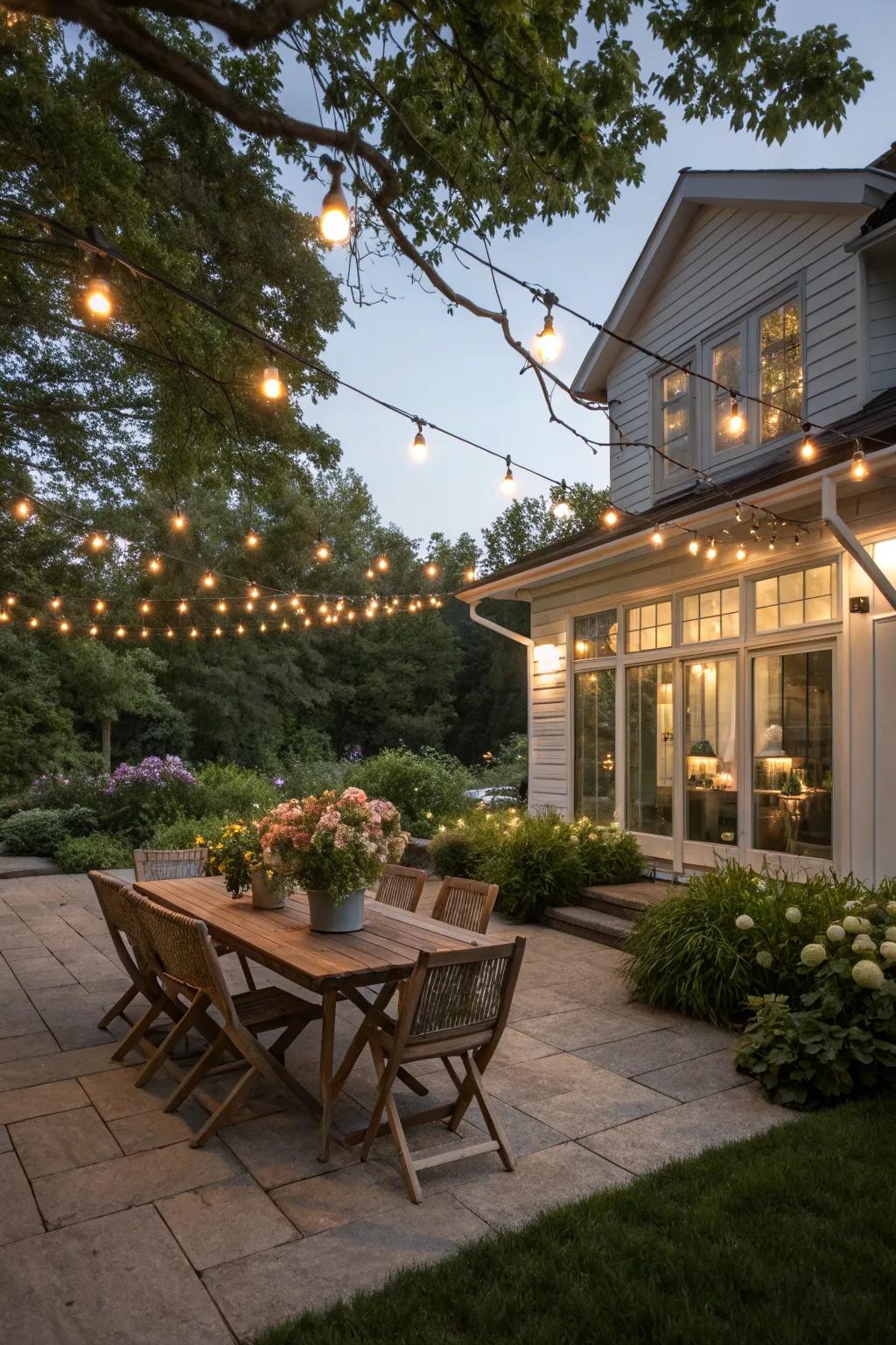 String lights add a twinkling, magical vibe to this farmhouse patio.