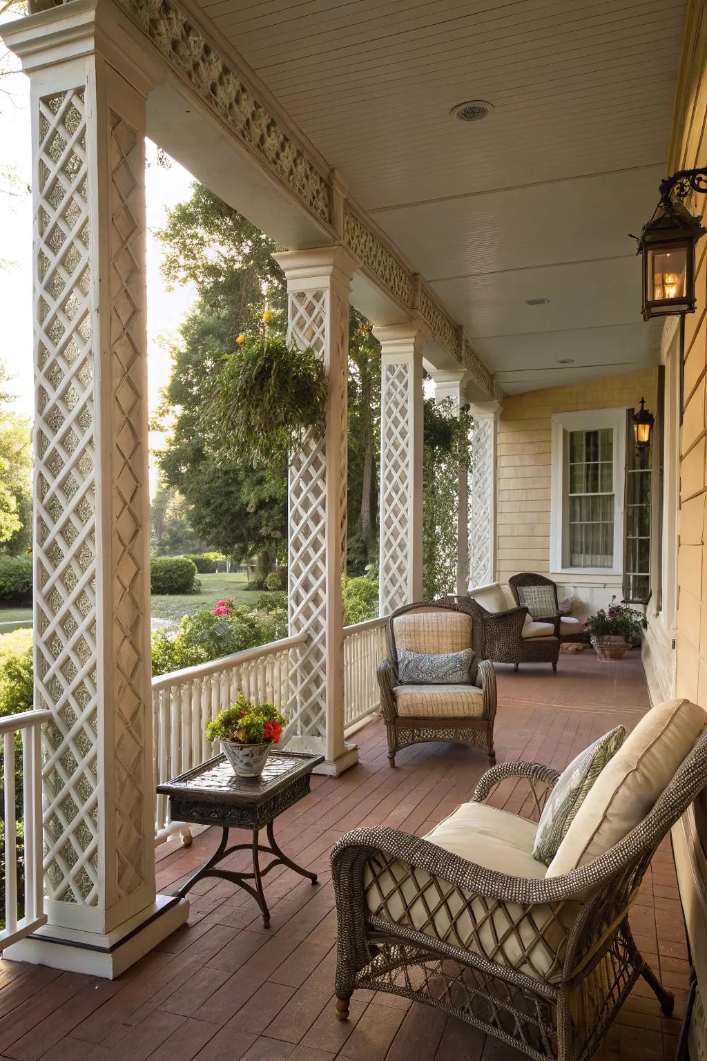 Lattice patterns on columns add a rustic and decorative flair.
