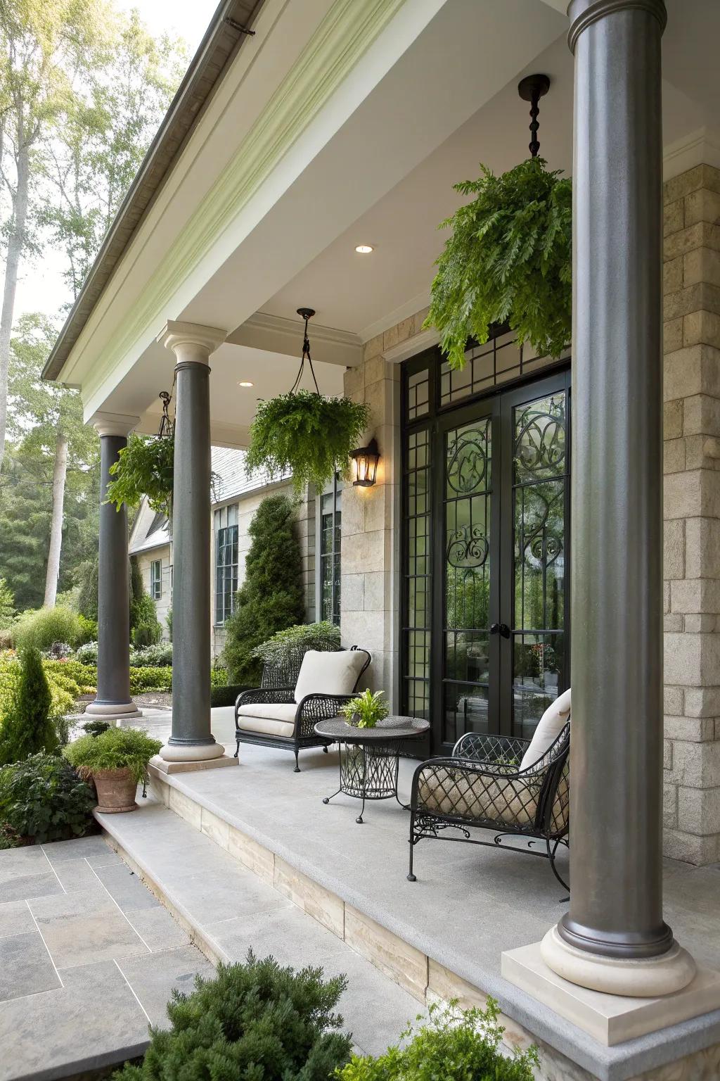 Glass accents in columns add elegance to this modern porch.