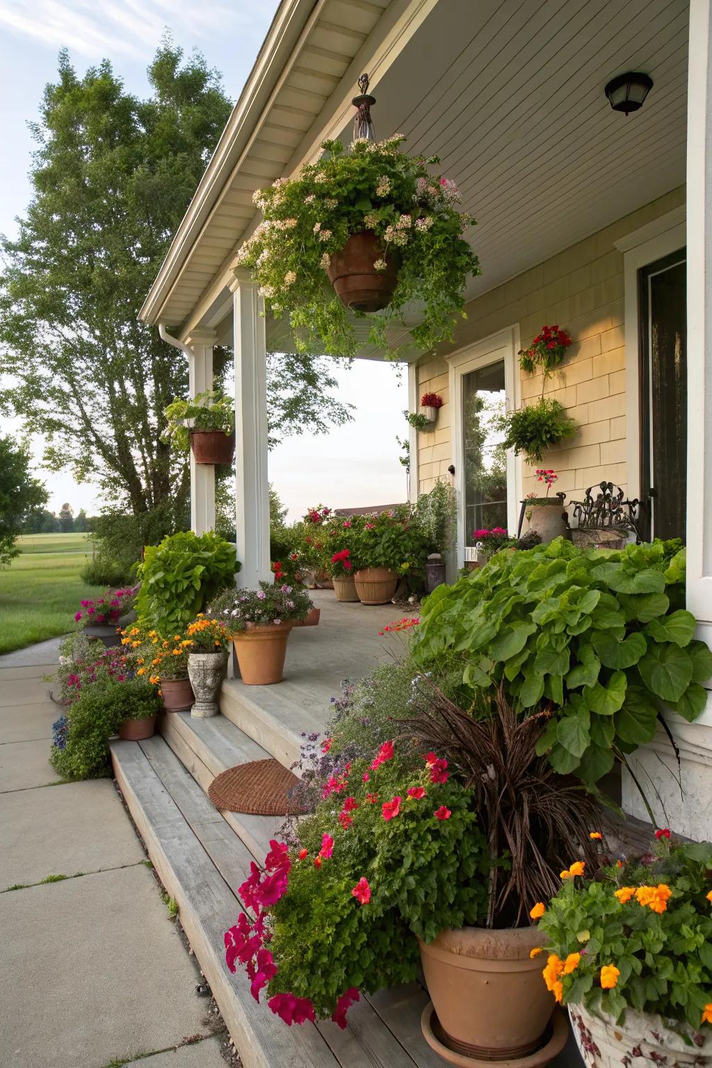 Enhance your porch with vibrant potted plants.