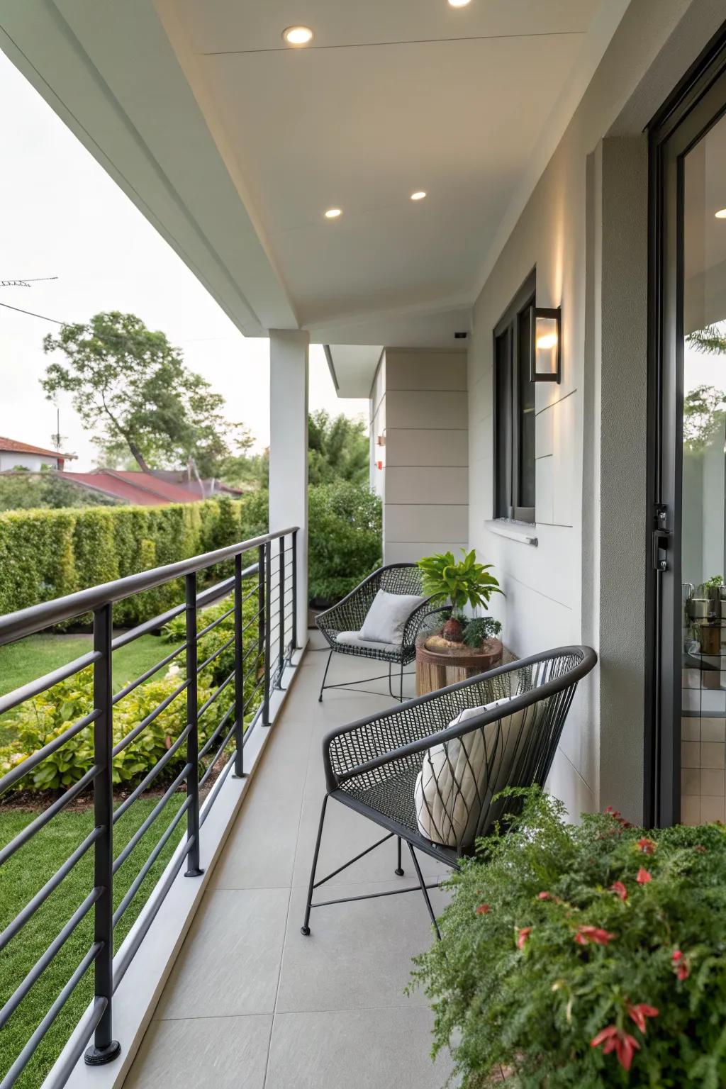 Sleek railings bring a modern touch to this small porch.