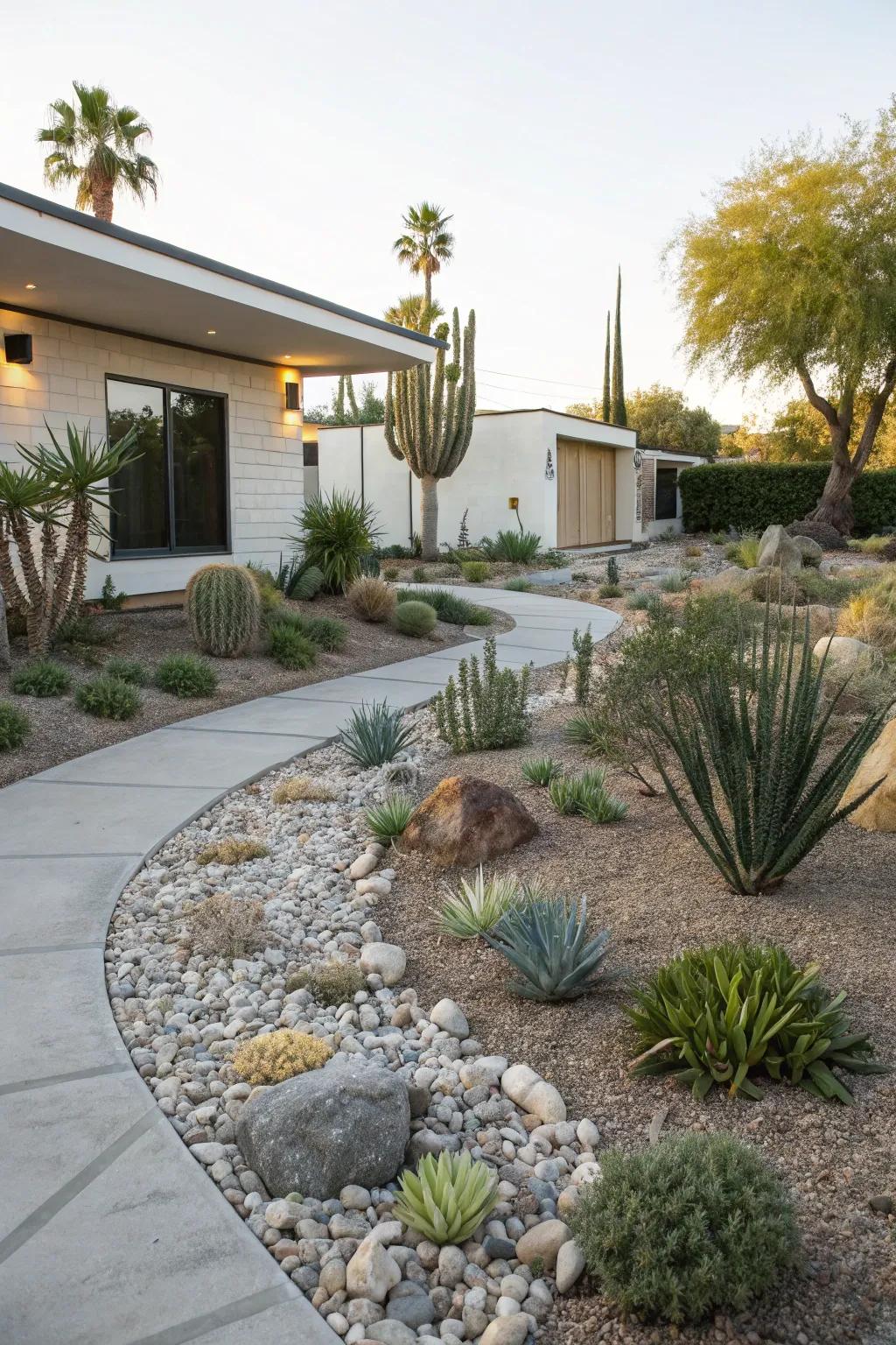 Dry riverbeds add a naturalistic and functional feature to the landscape.