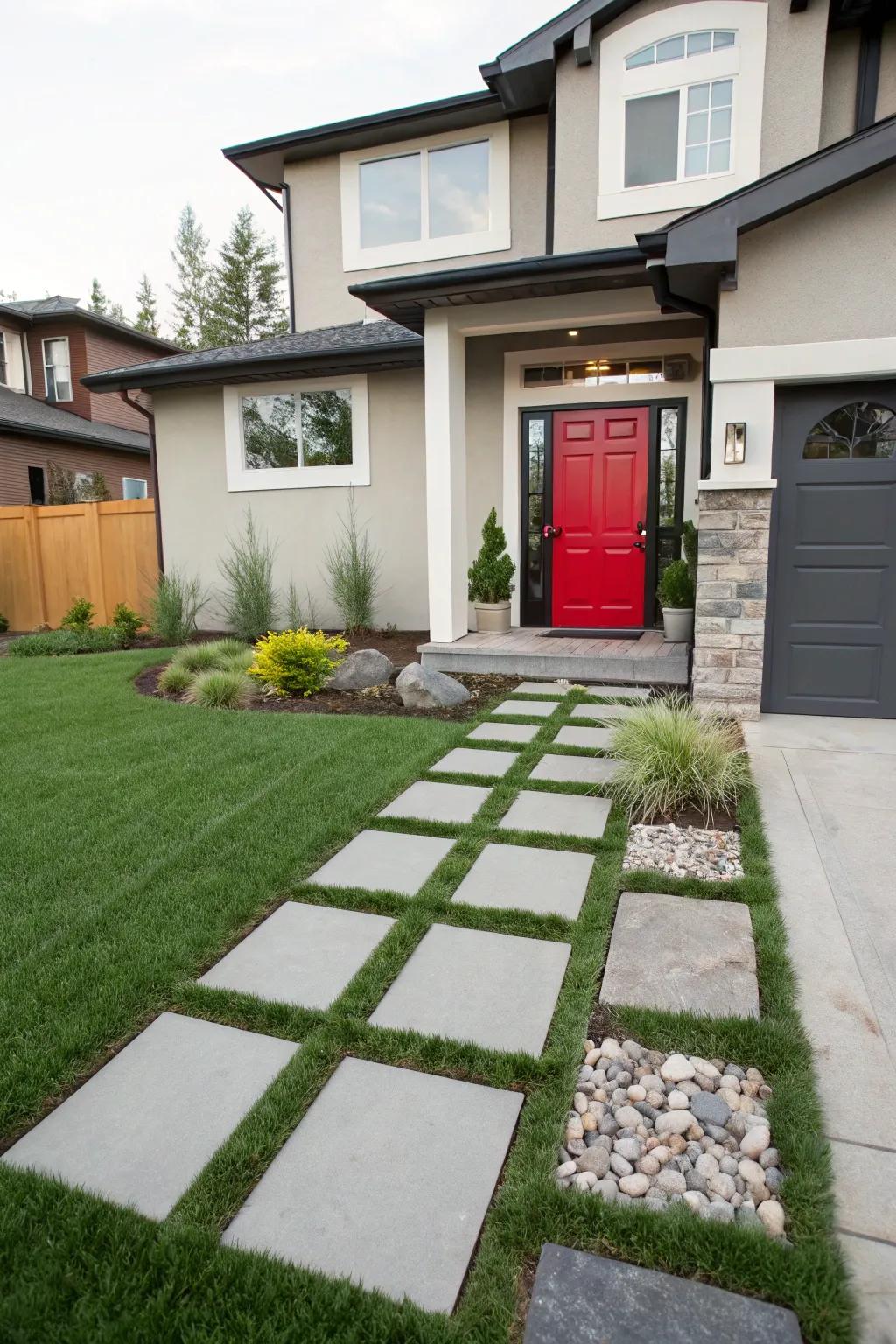 A bold entryway creates a welcoming first impression in this modern yard.