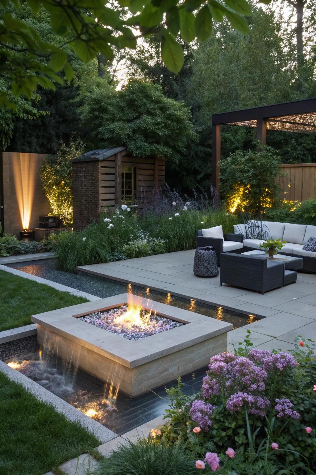 A garden with contemporary fire pit and water feature for modern flair.