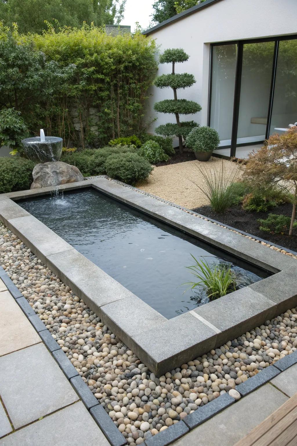A modern water feature adding tranquility to a gravel garden.