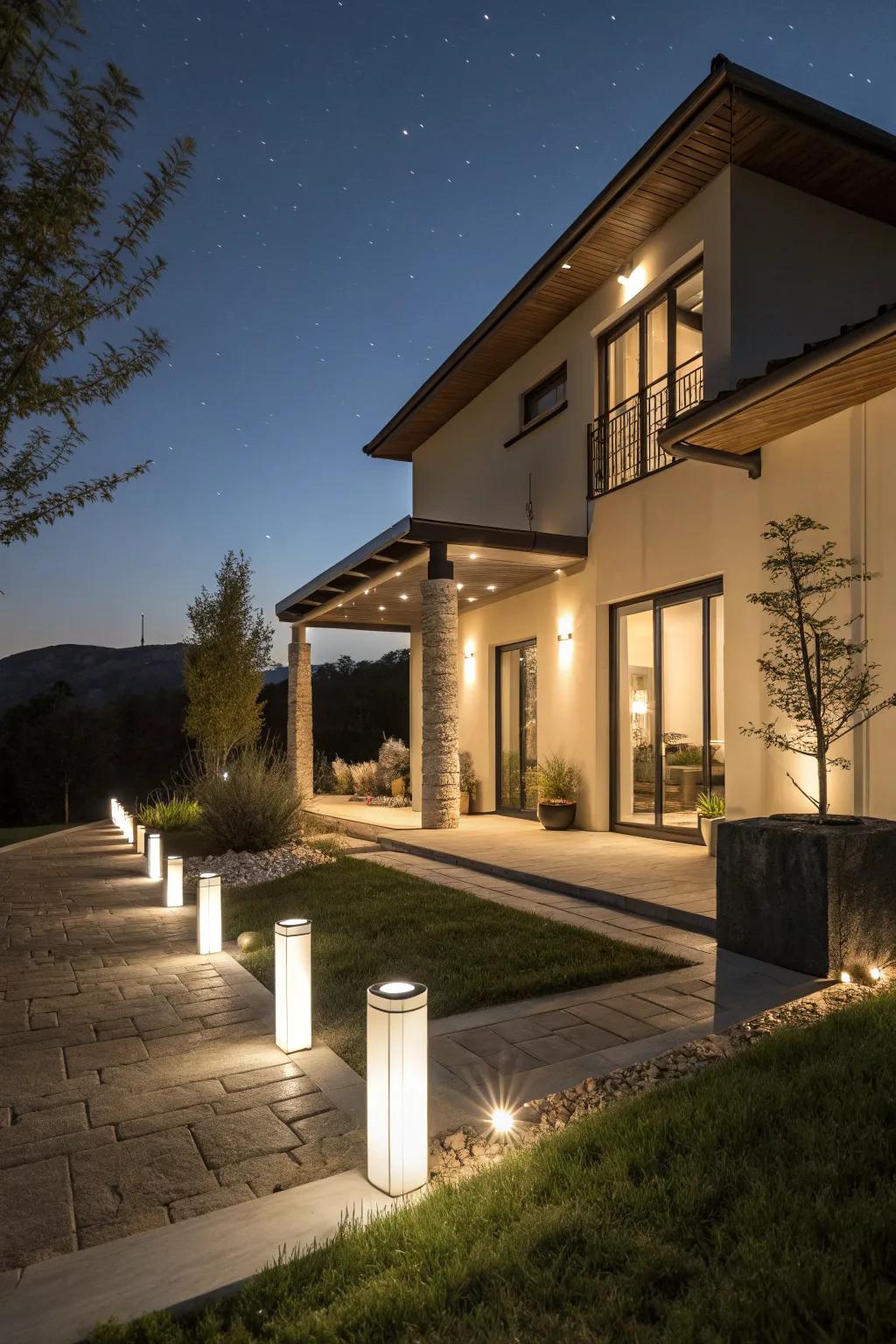 A home with contemporary lighting that highlights its architecture.