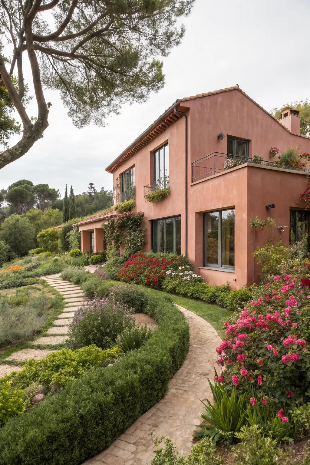 A modern house featuring a warm, soft terracotta exterior.