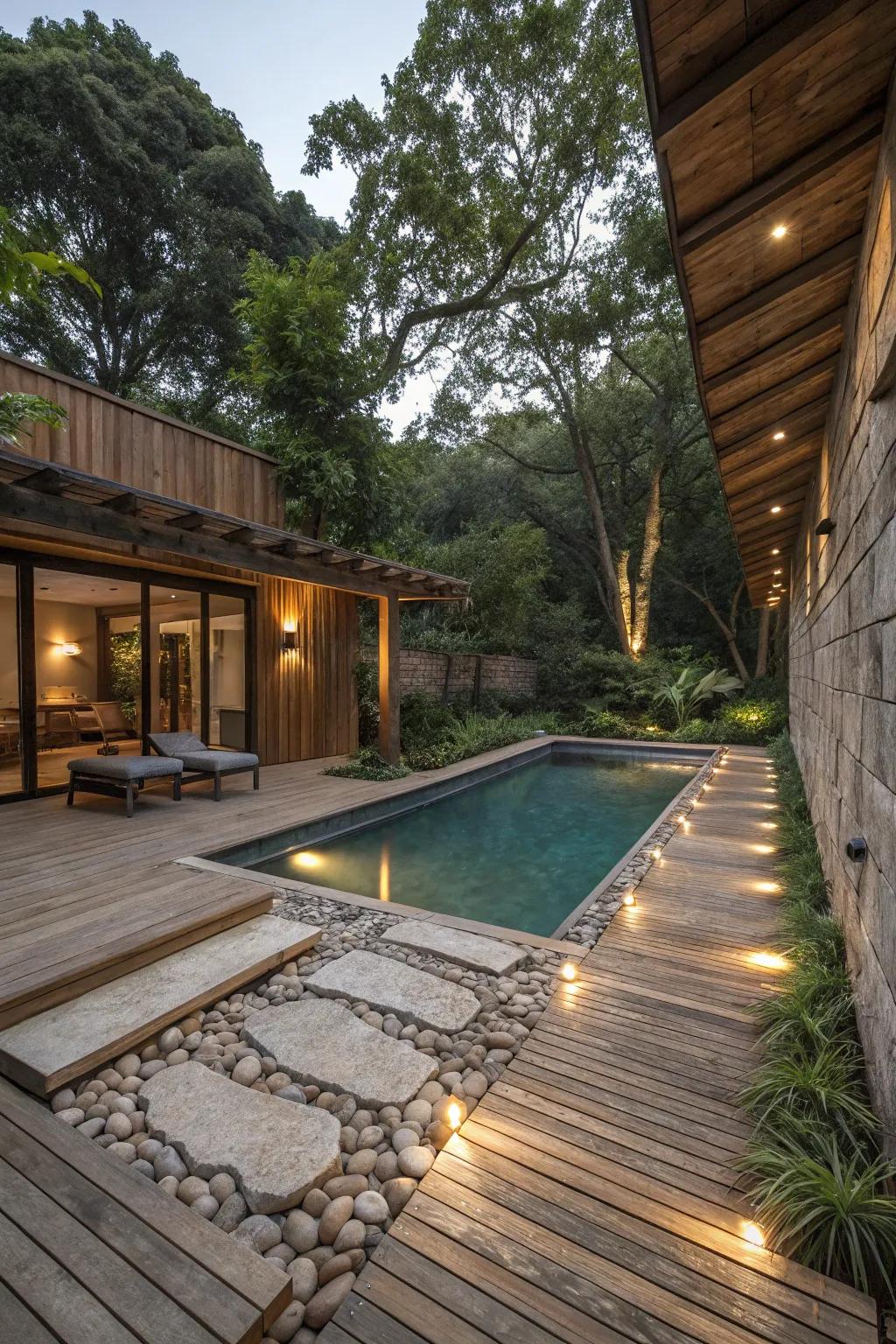 A pool area with natural wood and stone elements, creating an earthy and inviting atmosphere.