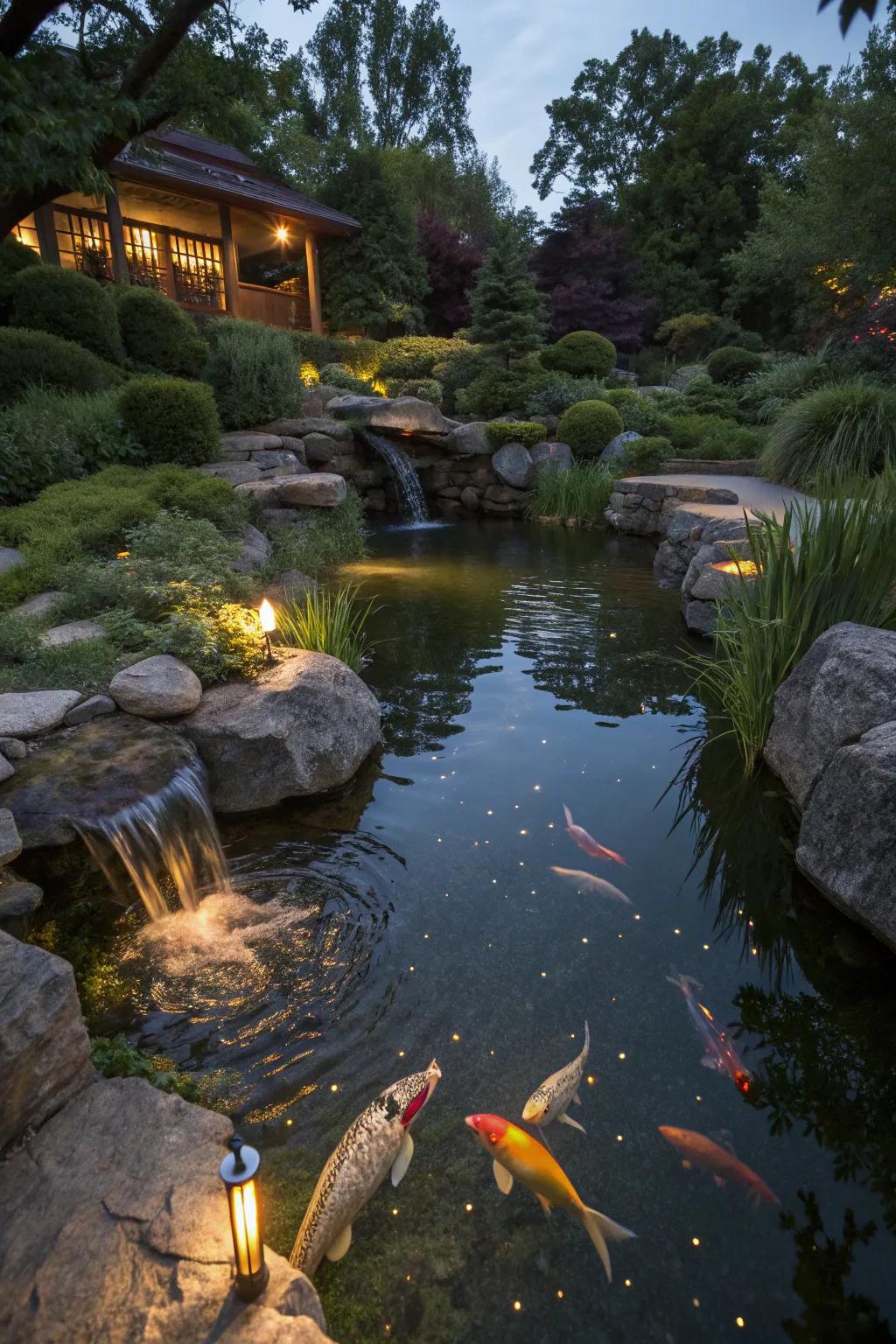 Illuminate your koi pond with enchanting lights for nighttime beauty.