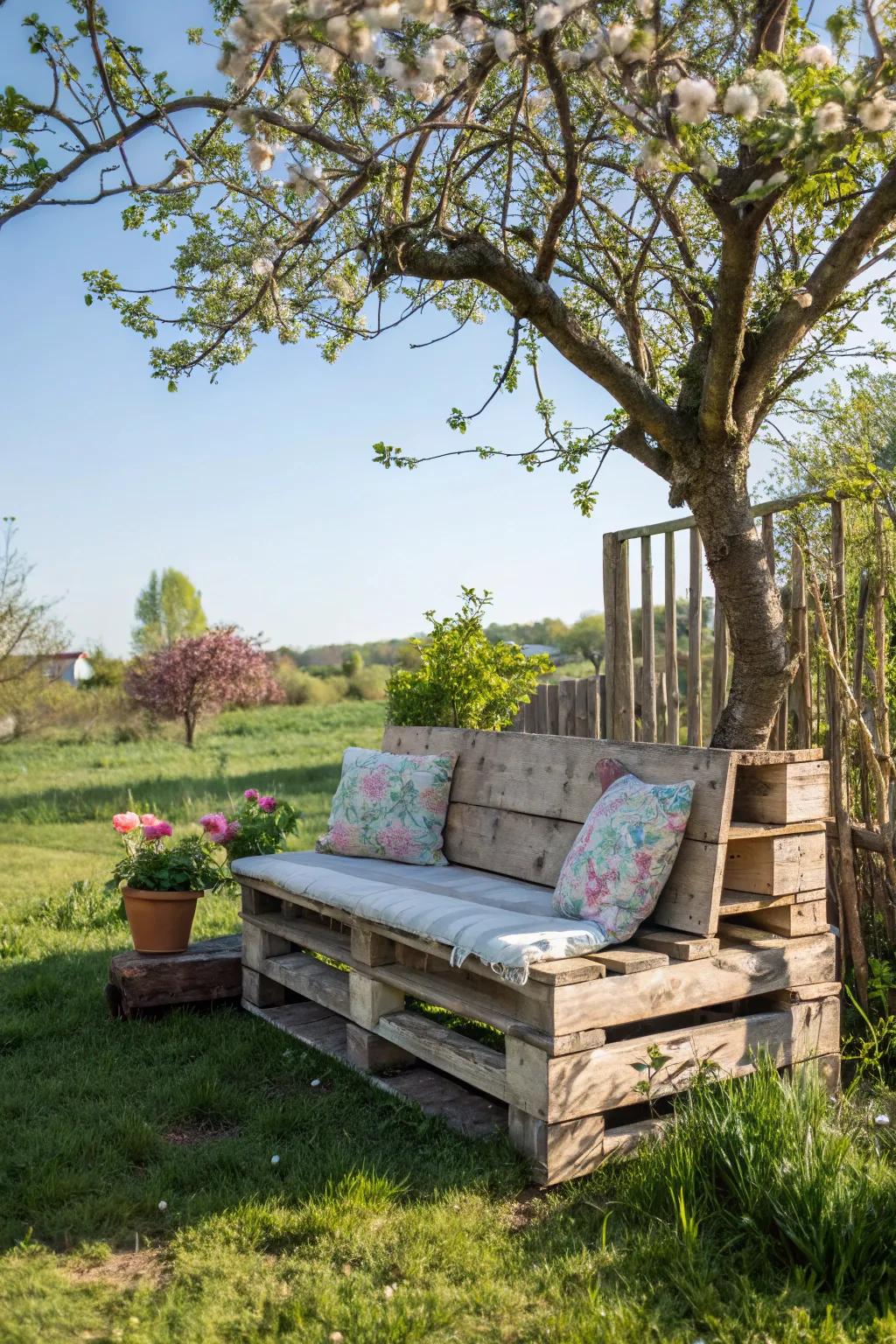 A DIY pallet bench adding a personal touch to the garden.