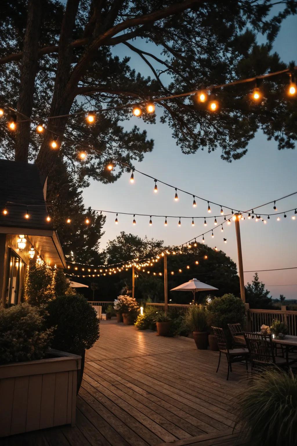 String lights create a magical and inviting evening atmosphere.