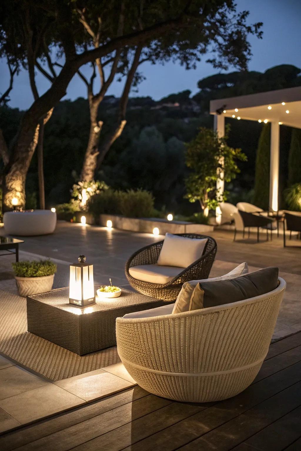 Ambient lighting sets the mood for evening gatherings.