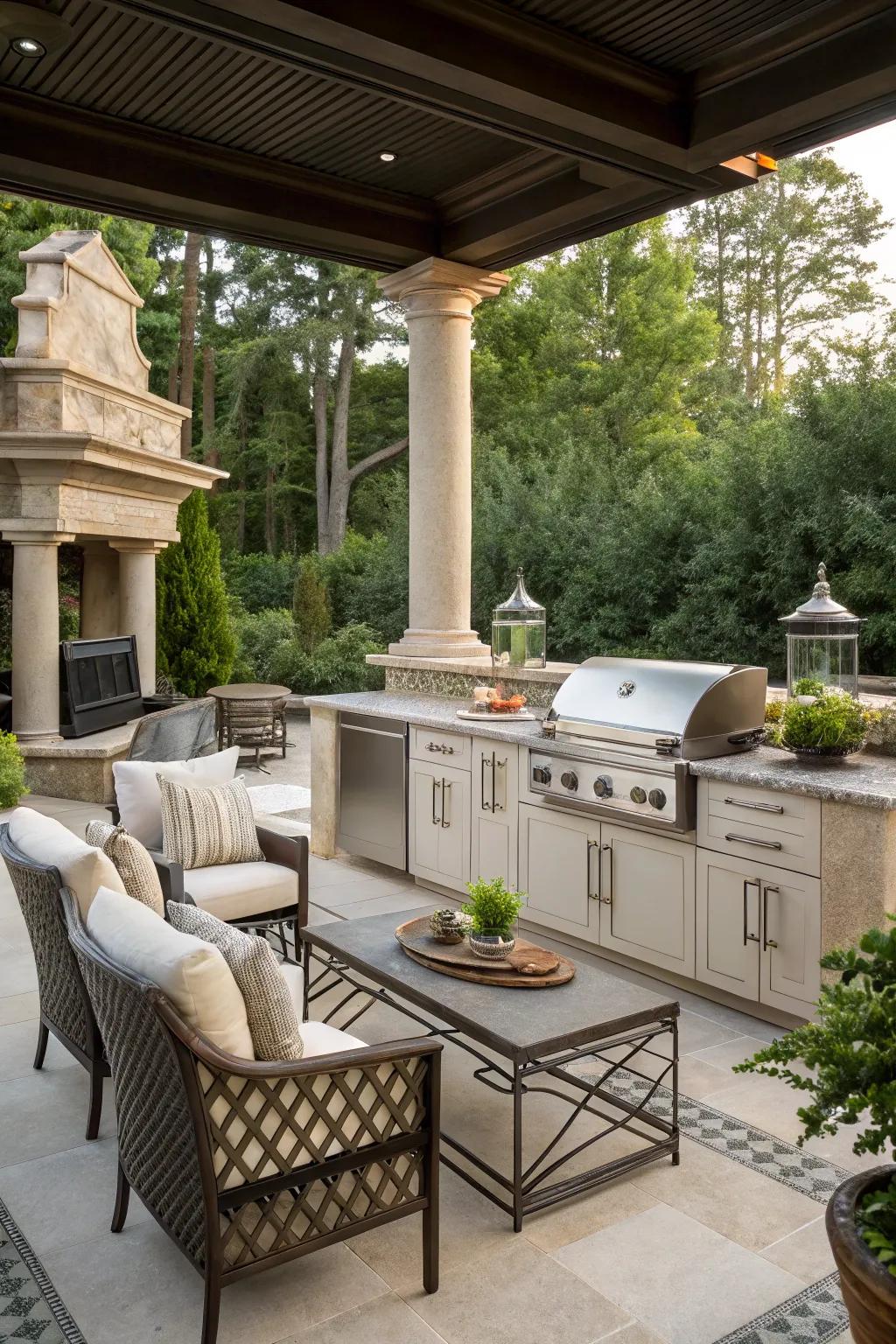 Sophisticated decor adds an elegant touch to modern outdoor kitchens.