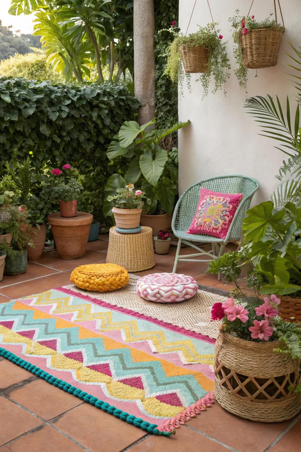 A vibrant outdoor rug adding color to the patio.