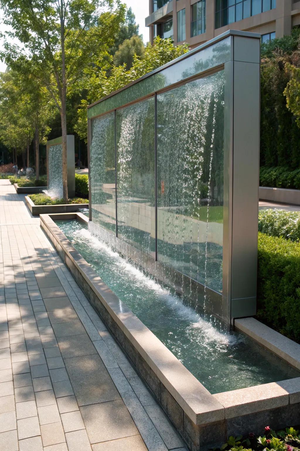Modern glass panel water wall creating a dazzling visual display.